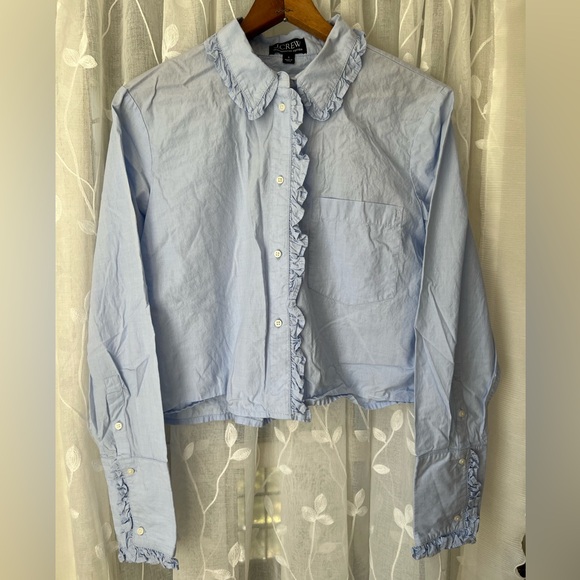 J. Crew Sky Blue Cropped Ruffled Blouse - Picture 1 of 8